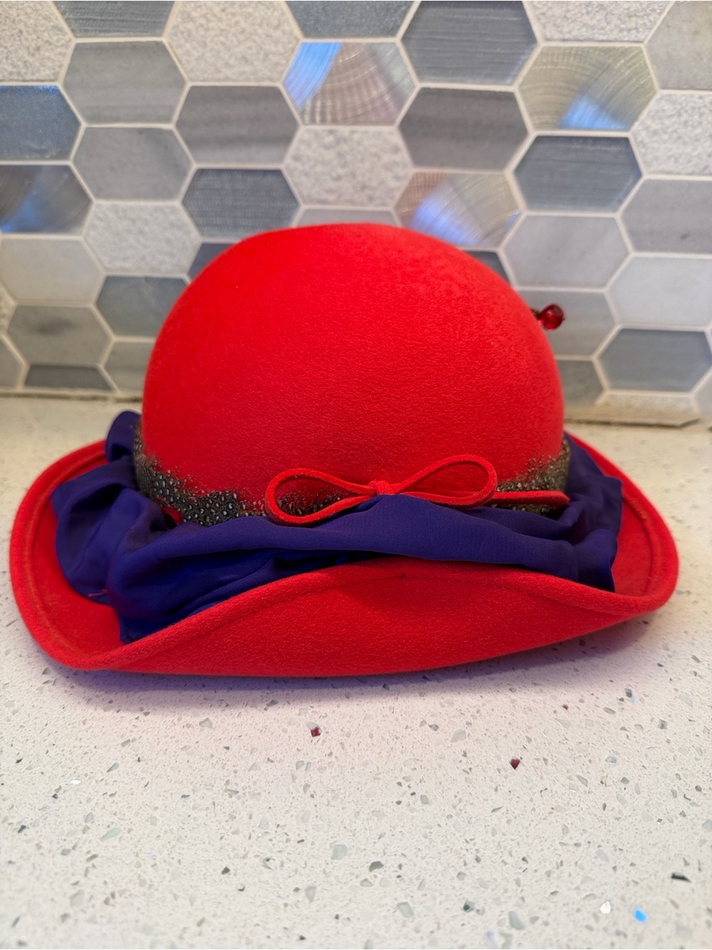 Adolfo Red Wool Hat with Purple Trim; VINTAGE. New York, Paris